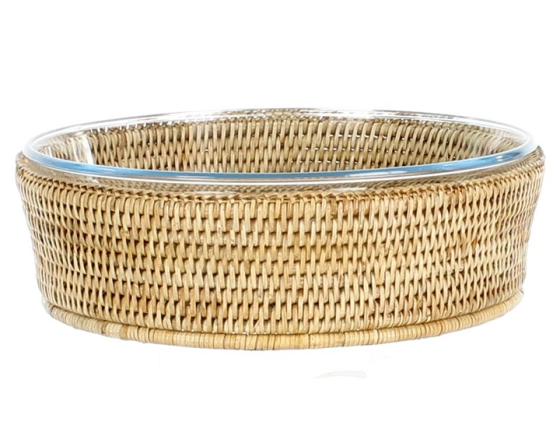 Plat pyrex rond avec support en rotin naturel