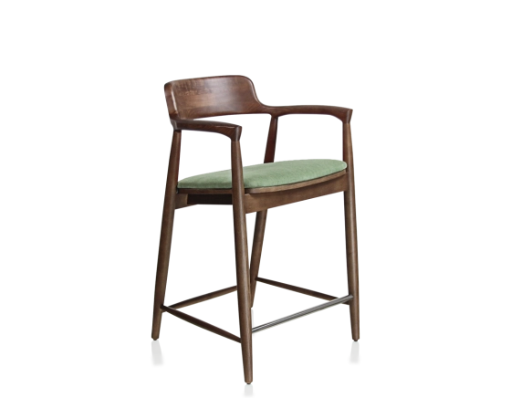 Tabouret de bar h60 cm bois teinte marron foncé assise tissu vert