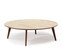 Round coffee table F1 in oak and ceramic dark brown stained wood with ceramic top in travertine stone effect. 100x100x40 cm