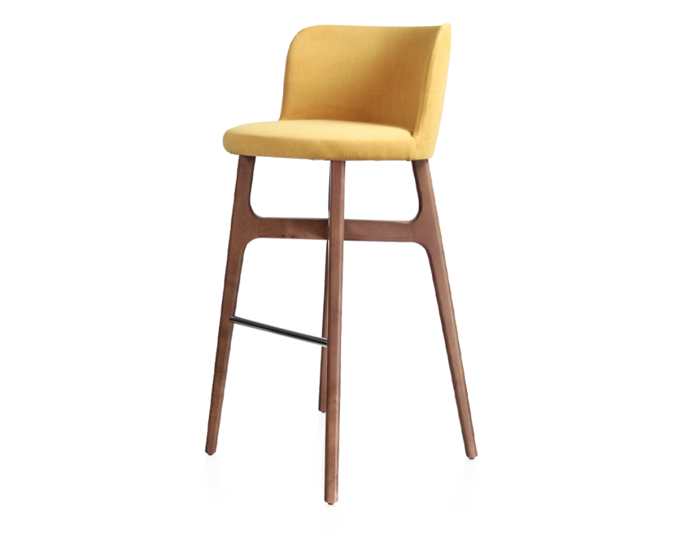 Bar stool h80 cm walnut-stained wood, yellow fabric seat Bar stool h80 cm walnut-stained wood, yellow fabric seat