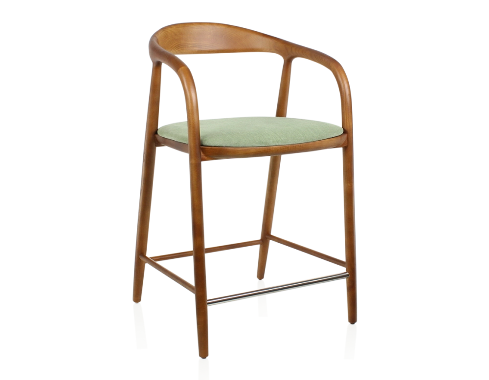 Tabouret de bar H60 cm bois teinte merisier et tissu vert Tabouret de bar H60 cm bois teinte merisier et tissu vert