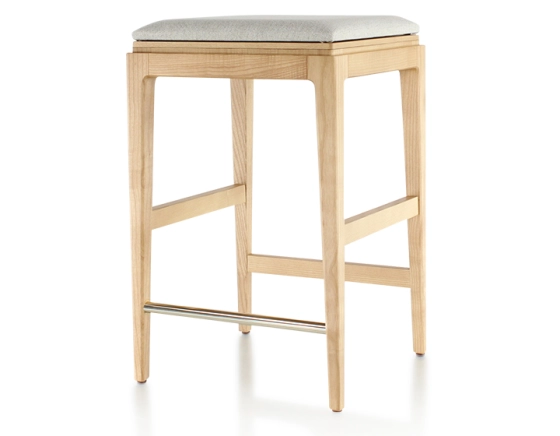 H60 cm designer bar stool natural stained wood seat natural beige fabric