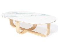 Table basse ovale en chêne naturel et céramique effet marbre blanc 120x80 cm