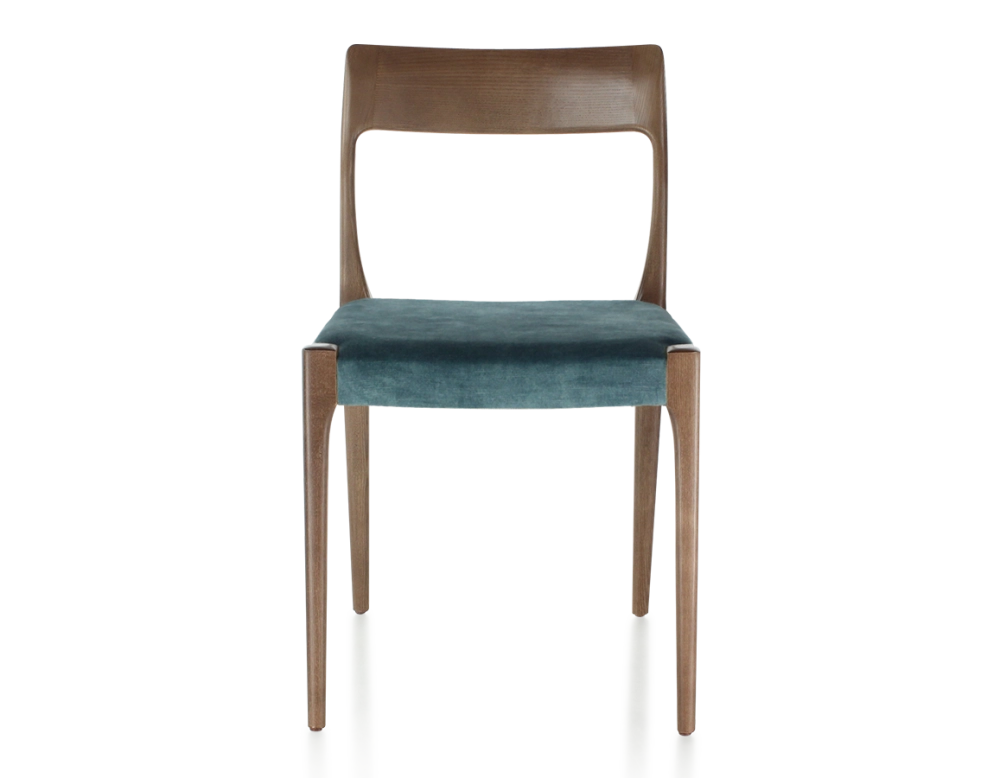 Chaise scandinave bois teinte marron foncé assise tissu velours bleu pétrole Chaise scandinave bois teinte marron foncé assise tissu velours bleu pétrole