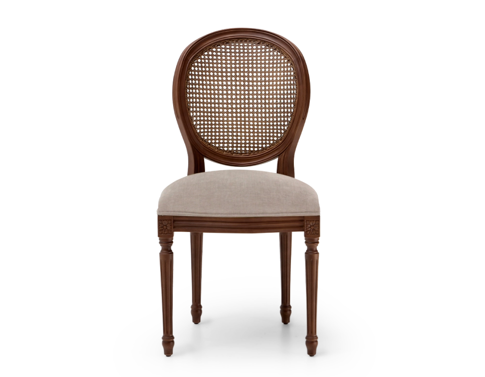 Louis XVI style antique chair dark brown stained wood with cane backrest and taupe fabric seat. Louis XVI style antique chair dark brown stained wood with cane backrest and taupe fabric seat.