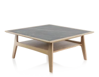 Table basse carrée en chêne et céramique avec bois teinte naturelle plateau céramique effet marbre noir 100x100 cm