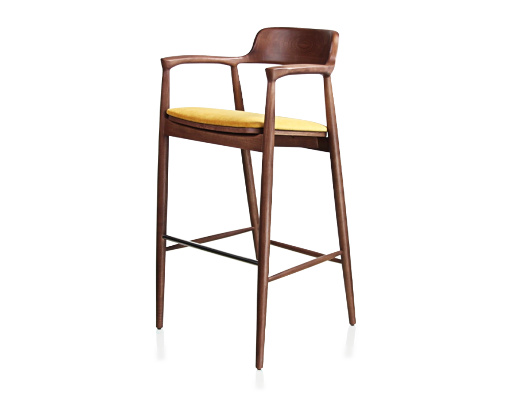 Bar stool h80 cm walnut-stained wood, yellow fabric seat Bar stool h80 cm walnut-stained wood, yellow fabric seat