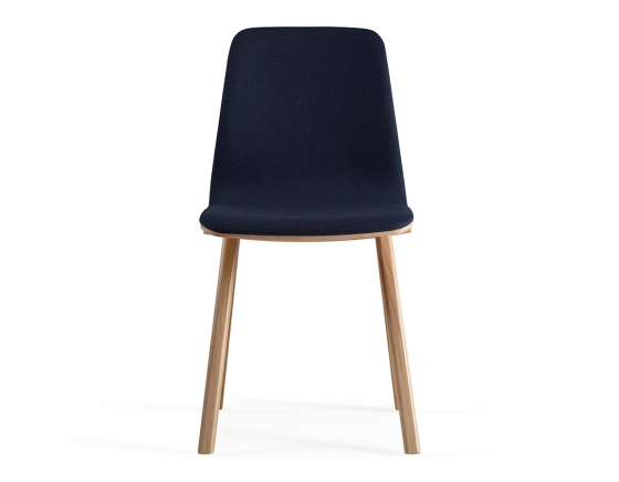 Upholstered oak designer chair natural tint wood, navy blue fabric seat