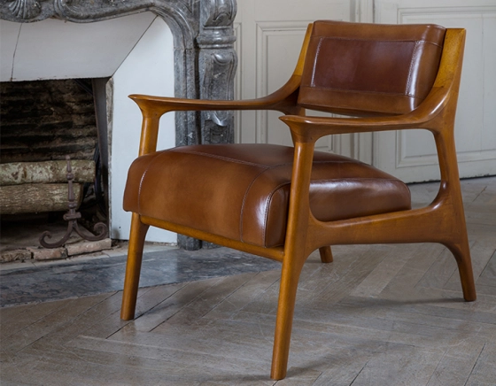 Fauteuil scandinave cuir marron vintage
