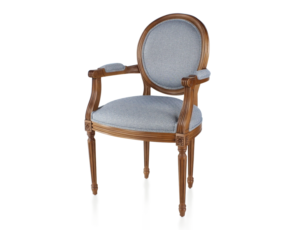 Antique Louis XVI style armchair with armrests aged wood stain and blue chevron fabric Antique Louis XVI style armchair with armrests aged wood stain and blue chevron fabric