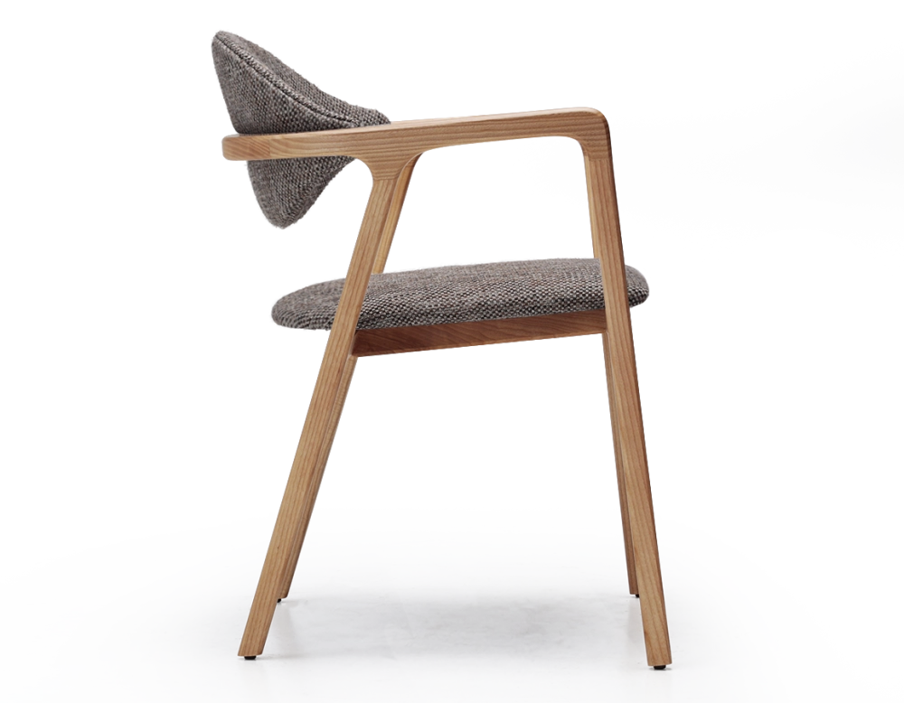 Designer armchair natural wood finish and brown mottled fabric Designer armchair natural wood finish and brown mottled fabric