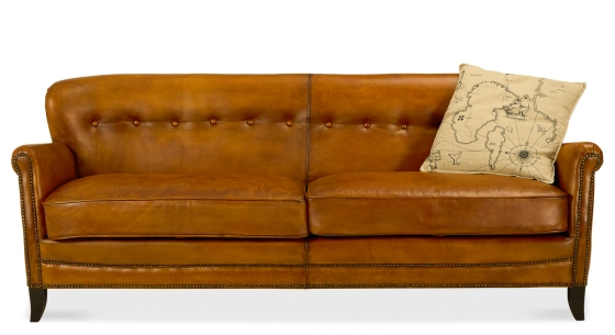 Canapé club cuir 3 places cognac accoudoirs cloutés