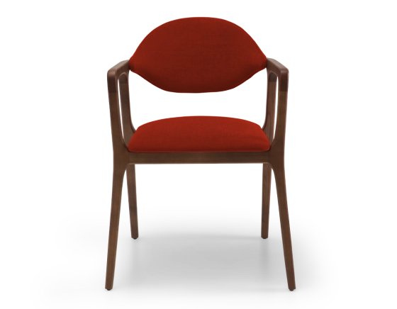 Designer armchair dark brown stained wood and burnt orange fabric