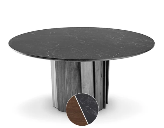 Table salle à manger ronde en chêne et céramique 6 à 8 personnes avec bois teinte marron foncé et plateau céramique effet ardoise 120 cm