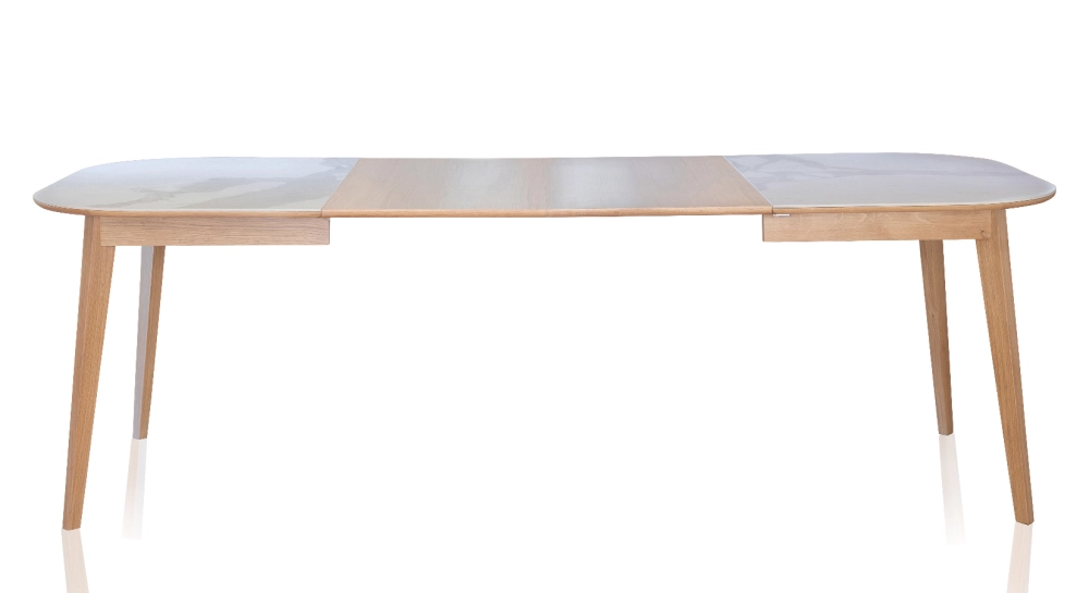 Table extensible 6 à 12 personnes en chêne et céramique allonges bois avec bois teinte naturelle et plateau céramique effet marbre blanc 140x100 cm Table extensible 6 à 12 personnes en chêne et céramique allonges bois avec bois teinte naturelle et plateau céramique effet marbre blanc 140x100 cm