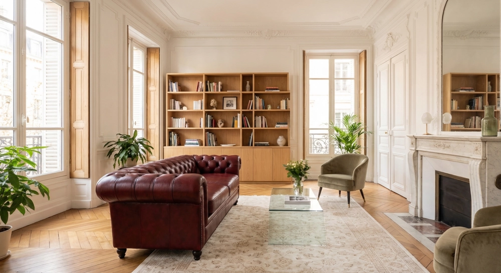 Canapé Chesterfield cuir 2 places rouge carmin accoudoirs cloutés