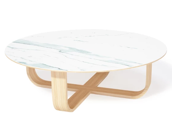 Table basse ronde en chêne et céramique avec bois teinte naturelle plateau céramique effet marbre blanc 100 cm