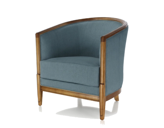 Fauteuil ancien accoudoirs moulurés bois teinte ancienne et tissu bleu océan