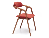 Chaise scandinave bois teinte merisier assise tissu beige orange brulé Chaise scandinave bois teinte merisier assise tissu beige orange brulé