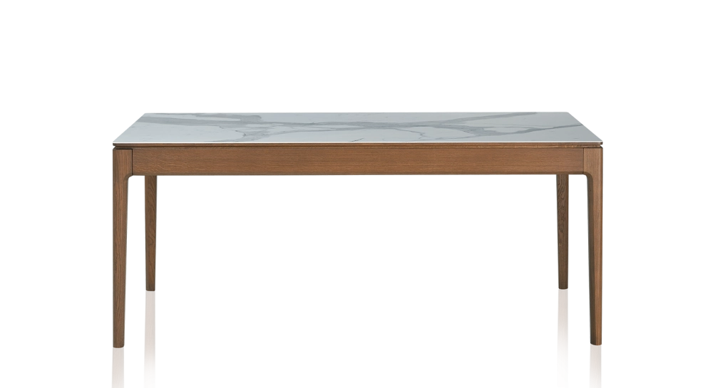 Table salle à manger en chêne et céramique 6 à 8 personnes avec bois teinte noyer et plateau céramique effet marbre blanc 160x90 cm Table salle à manger en chêne et céramique 6 à 8 personnes avec bois teinte noyer et plateau céramique effet marbre blanc 160x90 cm