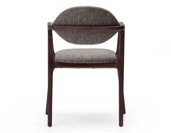 Designer armchair dark stained wood and brown mottled fabric