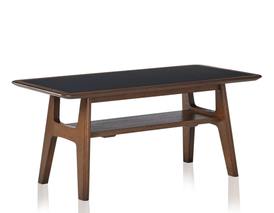 Table basse rectangulaire en chêne et céramique avec bois teinte marron foncé plateau céramique noir unie 100x50 cm