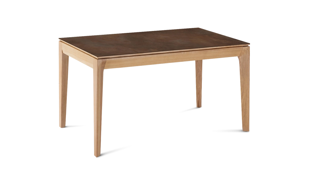 Table extensible 8 à 12 personnes en chêne et céramique allonges céramique avec bois teinte naturelle et plateau et allonges céramique brun oxydé 180x100 cm
