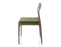 Chaise scandinave bois teinte marron foncé assise tissu vert olive Chaise scandinave bois teinte marron foncé assise tissu vert olive