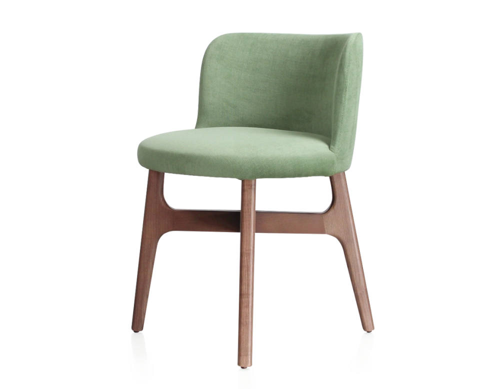 Chaise design bois teinte noyer assise tissu vert Chaise design bois teinte noyer assise tissu vert