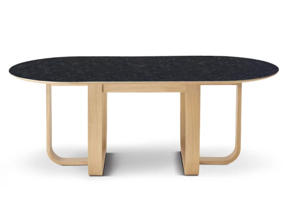 Table salle à manger en chêne et céramique 8 à 12 personnes avec bois teinte naturelle et plateau céramique effet ardoise 210x100 cm