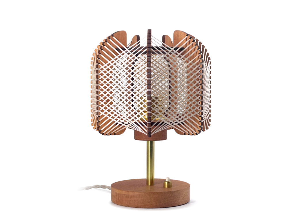 Floor lamp in wood and cotton thread with cross weaving. Floor lamp in wood and cotton thread with cross weaving.