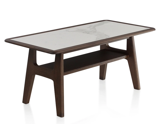 Table basse rectangulaire en chêne et céramique avec bois teinte marron foncé plateau céramique effet marbre blanc 100x50 cm