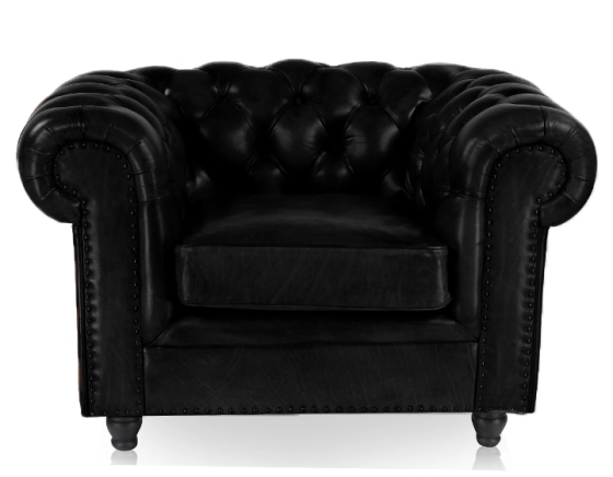 Fauteuil chesterfield cuir noir accoudoirs cloutés