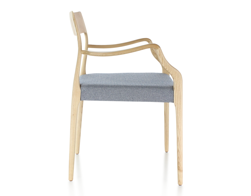 Scandinavian armchair with armrests natural stained wood, blue chevron fabric seat Scandinavian armchair with armrests natural stained wood, blue chevron fabric seat