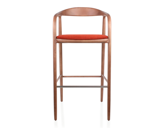 Tabouret de bar h80 cm teinte noyer assise tissu orange brûlé bois teinte noyer et tissu orange brulé