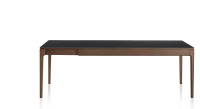 Table extensible en chêne et céramique allonges céramique avec bois teinte marron foncé et plateau et allonges céramique noire unie 140x100 cm