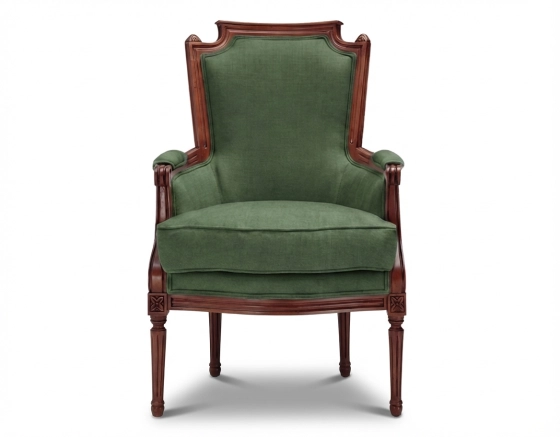 Sillón bergère estilo Luis XVI bois teinte ancienne et tissu vert foncé
