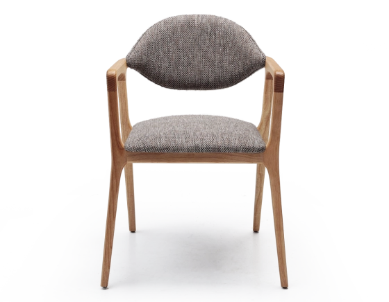 Designer armchair natural wood finish and brown mottled fabric