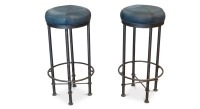 Set of 2 vintage leather bar stools blue