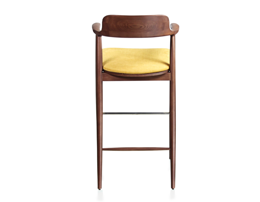 Bar stool h80 cm walnut-stained wood, yellow fabric seat Bar stool h80 cm walnut-stained wood, yellow fabric seat
