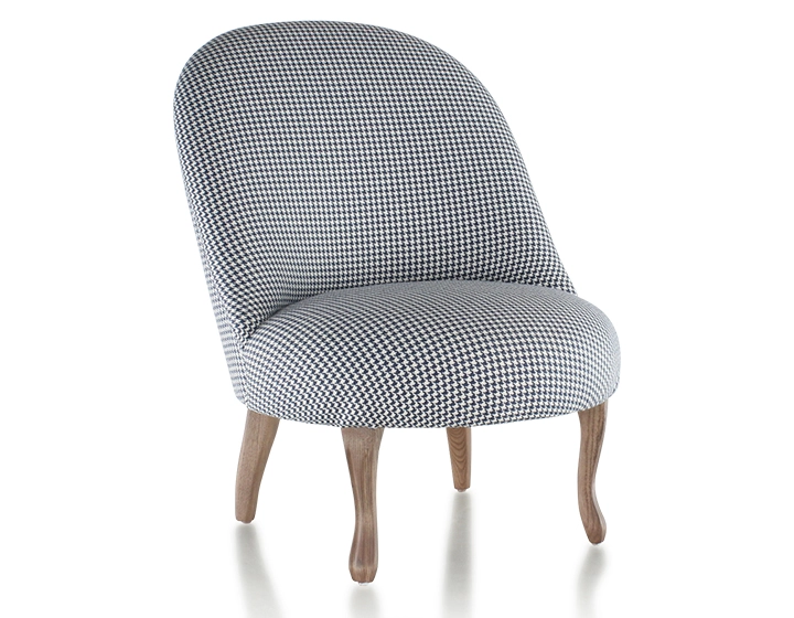 Fauteuil crapaud sans accoudoirs pieds bois teinte noyer et tissu pied-de-poule bleu et blanc Fauteuil crapaud sans accoudoirs pieds bois teinte noyer et tissu pied-de-poule bleu et blanc