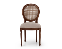 Louis XVI style antique chair dark brown stained wood with cane backrest and taupe fabric seat. Louis XVI style antique chair dark brown stained wood with cane backrest and taupe fabric seat.