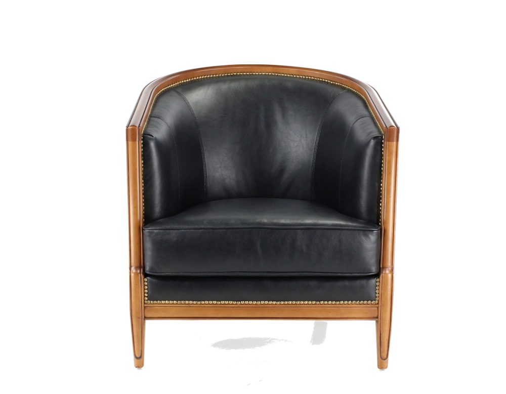 Fauteuil ancien accoudoirs moulurés bois teinte ancienne et cuir noir