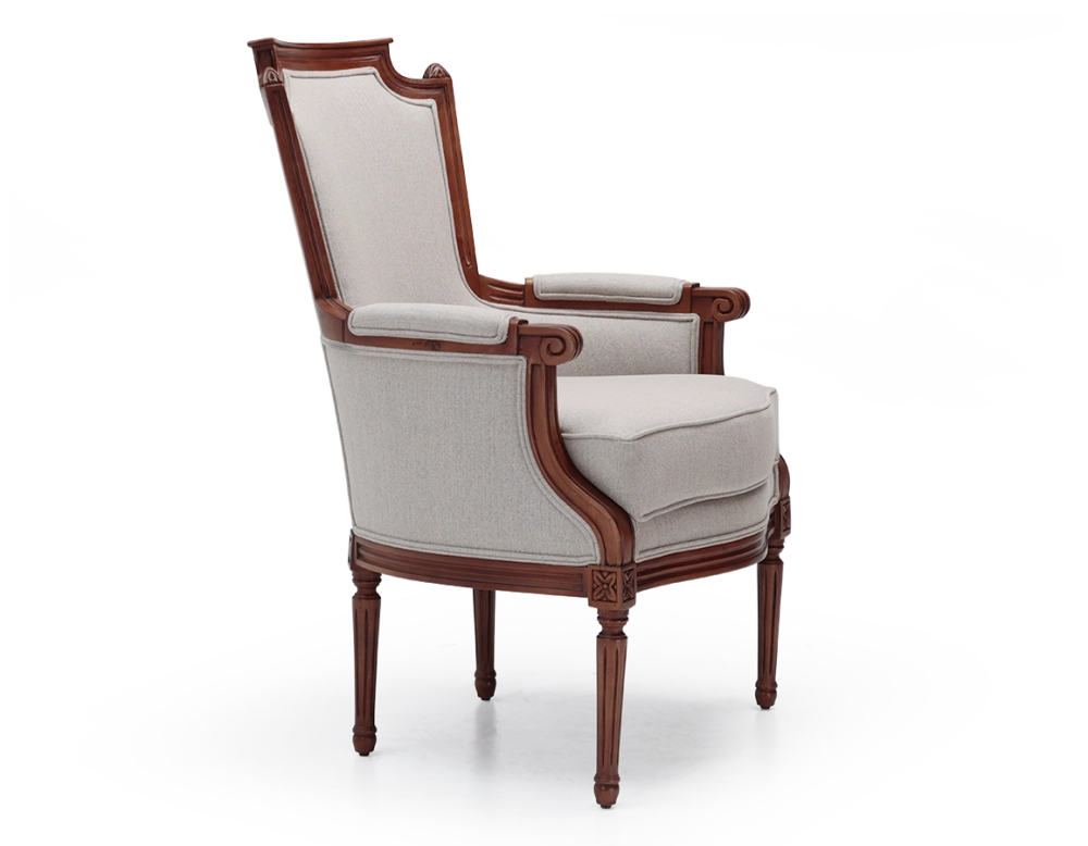 Fauteuil bergère style Louis XVI bois teinte ancienne et tissu beige naturel