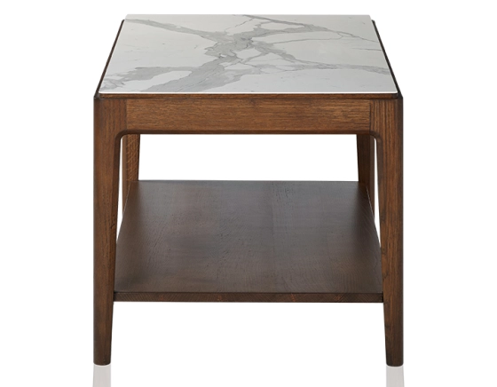 Table basse rectangulaire en chêne et céramique avec tablette en bois teinte marron foncé plateau céramique effet marbre blanc 100x50 cm