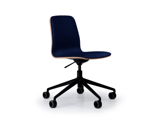 Chaise de bureau design pied métal noir à roulette assise tissu bleu profond