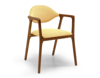 Chaise design avec accoudoirs bois teinte merisier et tissu jaune Chaise design avec accoudoirs bois teinte merisier et tissu jaune