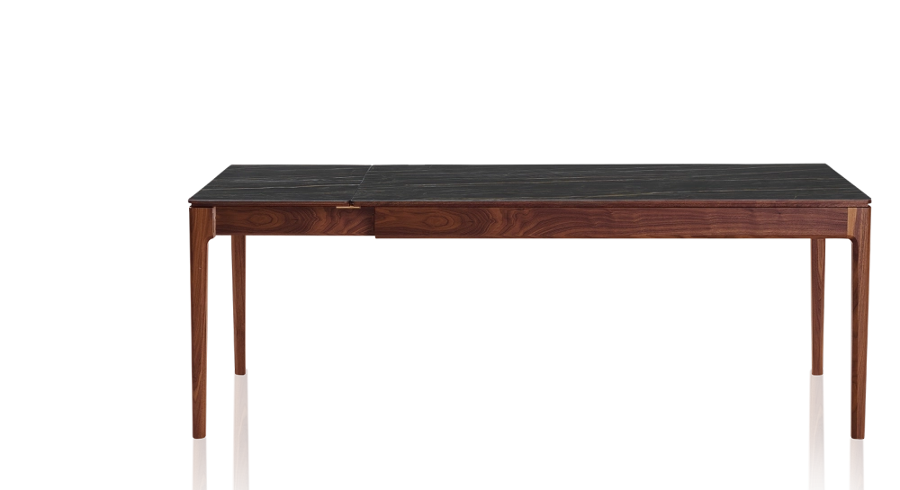 Extending table for 8 to 14 people in walnut and ceramic with ceramic extensions with natural stained wood and black marble effect ceramic top and extensions 210x100 cm