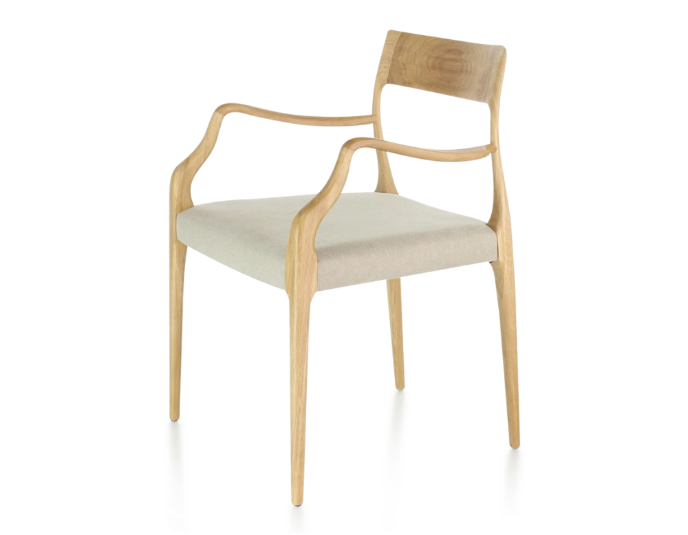 Scandinavian armchair with armrests natural wood stain camel fabric seat Scandinavian armchair with armrests natural wood stain camel fabric seat