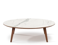 Round walnut and ceramic F1 coffee table wooden tray with a natural finish and a white marble-effect ceramic top m1. 90x90x40 cm